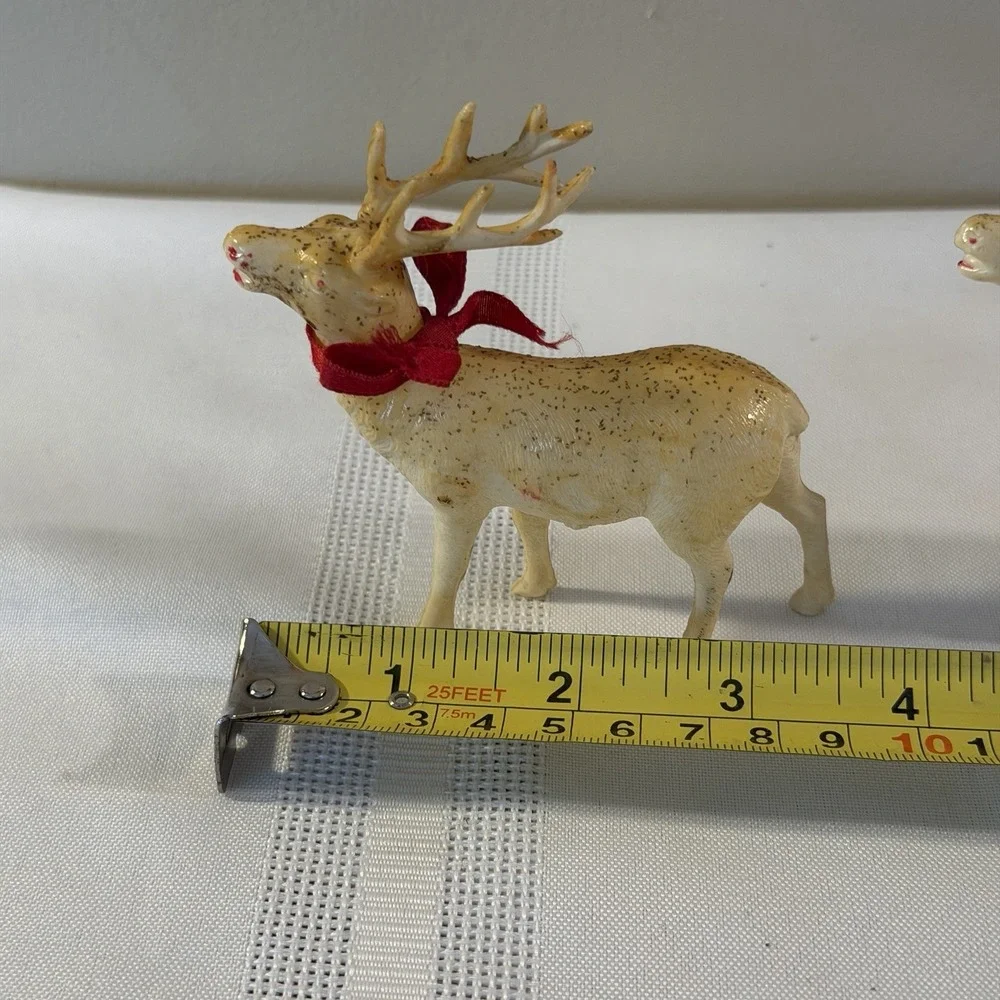 2 Thin Celluloid 1950's Reindeers Japan Christmas Figurine 3.5